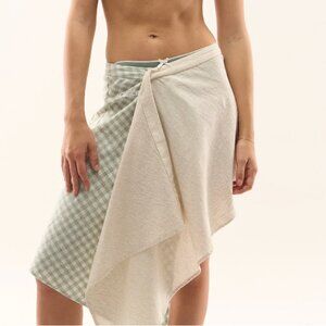 Scuffers Mixed Green Skirt Gingham Asymmetrical Cotton Linen Ivory Wrap